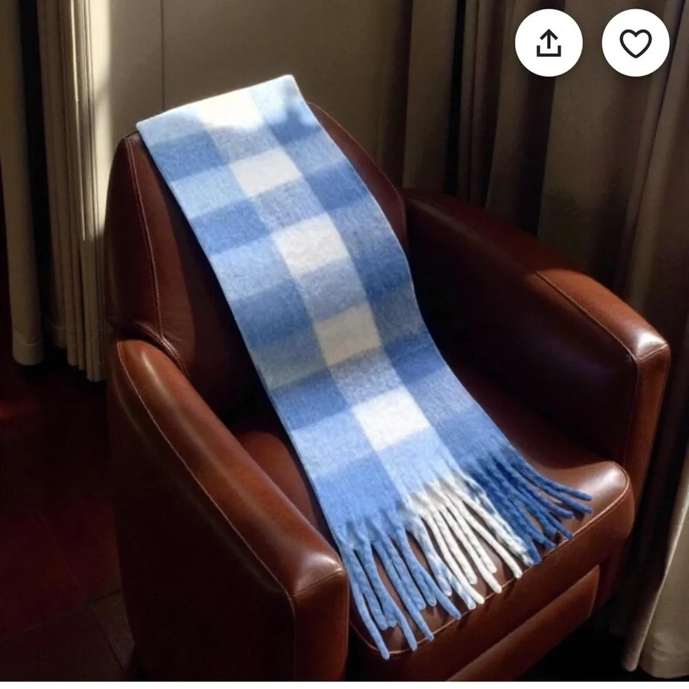 Soft Mohair Scarf White & Sky Blue Cloud Pattern 82” x 16” Fluffy Cozy  Wrap